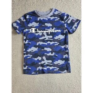 Champion Shirt Youth Small Blue Camouflage Short Sleeve Big Logo Tee Crewneck